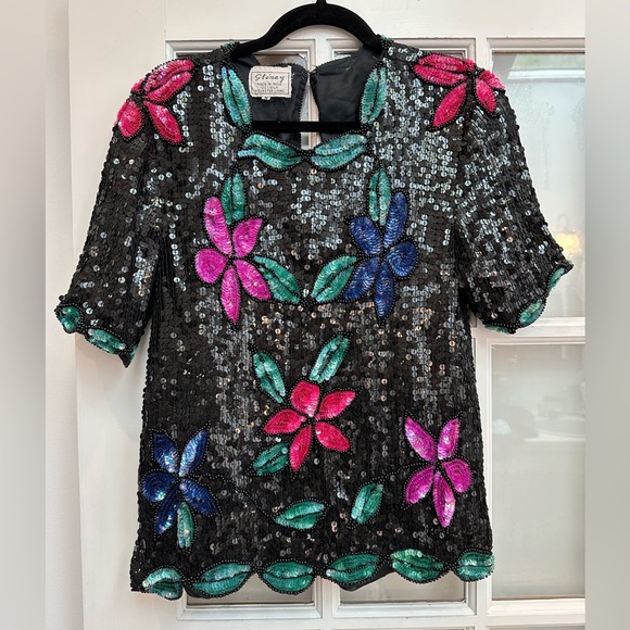 Stenay Tops - Vintage Stenay 80’s 100% Silk Sequin Art To Wear Floral Beaded Blouse Size S
